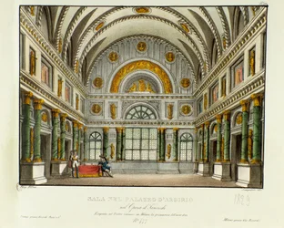 Ansicht des Palastes des Königs von Syrakus, Argirio. Szenografie für die Aufführung der Oper „Tancredi“ von Gioacchino Rossini (1813) nach Voltaires Stück „Tancrede“. Lithografie in „Raccolta di invenzioni sceniche del 1830 di Alessandro Sanquirico“