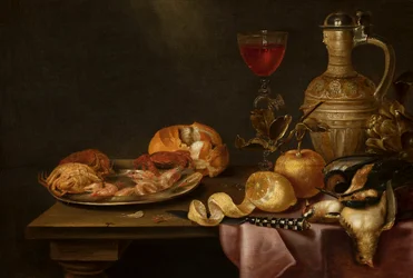 Stillleben mit Garnelen und Krabben auf einem Zinnteller