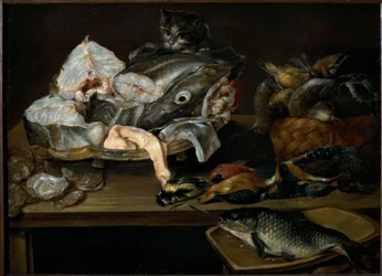 Stilleben mit Fischen, Meeresfrüchten, Geflügel und Katze