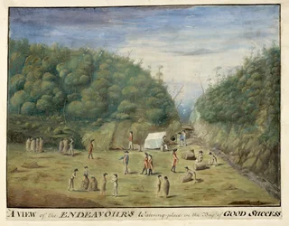 Ansicht des Wasserplatzes der Endeavour in der Bucht des Guten Erfolgs, Feuerland, mit Einheimischen, Januar 1769