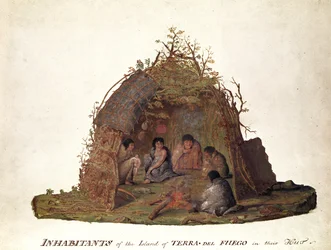 Bewohner der Insel Terra del Fuego in ihrer Hütte