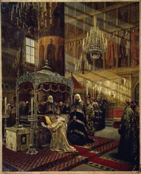 Der Zar von Russland Alexei I. Michailowitsch und der Patriarch Nikon am Sarg von Philipp I., dem Metropoliten von Moskau