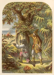 Robinson Crusoe und Freitag greifen die Wilden an
