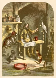 Robinson Crusoe beim Abendessen mit seiner kleinen Familie