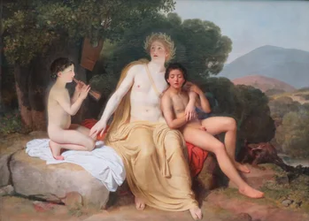 Apollon, Hyazinth und Zypresse musizieren und singen