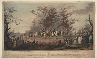 Prinzregent, Wilhelm III. von Preußen, Alexander I., General Blücher und Hetman Platov bei der Truppenbesichtigung