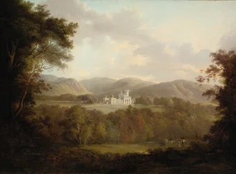 Ansicht von Dreghorn Castle, Midlothian, mit Figuren und einem Heuwagen im Vordergrund
