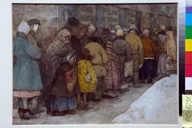 Warteschlange in Russland während der Hungersnot von 1920-1921, um 1921 - 22 x 29,5 cm