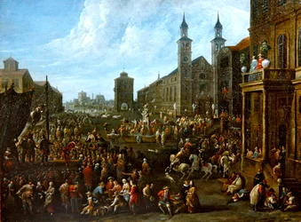 Eine Marktszene mit Straßenkünstlern und anderen Figuren