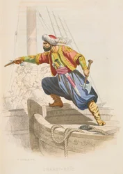 Dragut Reis, der berühmte Barbaresken-Korsar, bereitet sich darauf vor, ein feindliches Schiff zu entern, Mitte des 19. Jahrhunderts