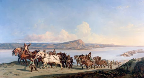 Anspannung von Pferden, die Boote die Rhone hinunterziehen, ca. 1825-1870
