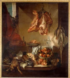 Kücheninterieur mit einem Stillleben aus Wild, Obst und Fleisch. 18. Jahrhundert. Châlons-sur-Marne, Musée des Beaux-Arts