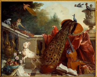 Tiere, Blumen und Früchte: ein Hund, ein Affe, der Violine spielt, ein Pfau, ein Papagei, ein Paradiesvogel und Saiteninstrumente. 1717. Maße: 1,24 x 2,31 m. Grenoble, Musée des Beaux-Arts
