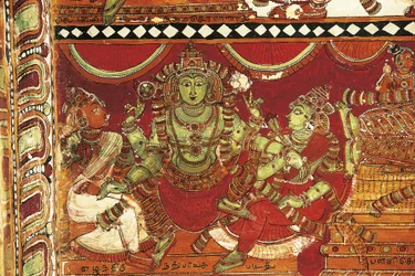 Visnu, Detail aus Fresken, die das Leben von Shiva darstellen, im Schrein für Parvati, Nataraya-Tempel, Chidambaram, Tamil Nadu, Indien, 5. Jahrhundert