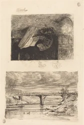 Flusslandschaft mit einer Brücke; Affe blättert in einem Buch