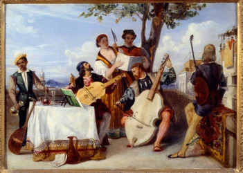 Das venezianische Konzert. Musiker (Cello, Laute, Violine) und Sänger auf einer Terrasse, bedient von einem schwarzen Diener. Gemälde von Alexandre Hesse (1806-1879) 19. Jahrhundert