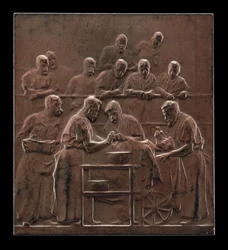Monod demonstriert ein Verfahren im Operationssaal [Rückseite], ca. 1906