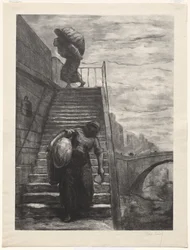 Waschfrauen steigen eine Quai-Treppe hinunter
