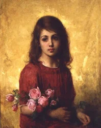 Porträt eines jungen Mädchens mit einem Rosenstrauß