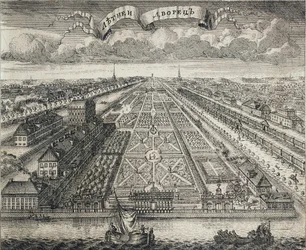 Blick auf die Sommergärten vom Fluss Newa, 1717