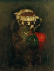 Milchkrug mit Äpfeln