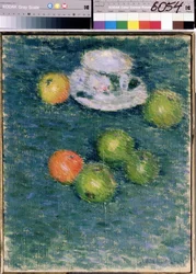 Stillleben. Äpfel und eine Tasse