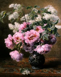 Stillleben mit Sommerblumen, Pfingstrosen und Flieder.