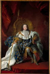 Porträt Ludwigs XV. (1710-1774) als Kind auf seinem Thron in Krönungsgewand und mit Krönungsinsignien, 1723. Maße: 2,26 x 1,8 m