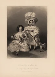 Viscount Grey de Wilton und Elizabeth Grey Egerton, Kinder von Thomas Egerton, 2. Earl of Wilton. Tochter mit Locken und Rüschenkleid, die eine Puppe hält, und Sohn im Kleid und Federhut, der ein Band hält, das an einem Spielzeugpferd befestigt ist. Stahls