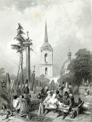 Friedhof der Smolensko-Kirche, graviert von E. Smith