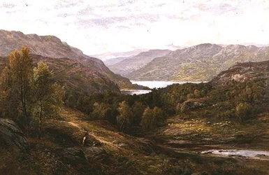 Ein Hirtenjunge mit seinem Hund in einer Hochlandlandschaft