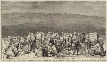 Die Hungersnot in Kleinasien, Abfahrt von Celephkia eines Konvois mit Getreide, gesendet vom Khedive von Ägypten