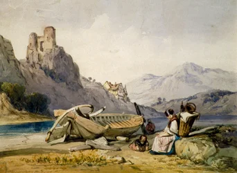 Figuren und ein Boot am Ufer eines Sees, ein Haus und eine Burgruine im Hintergrund, um 1830er Jahre