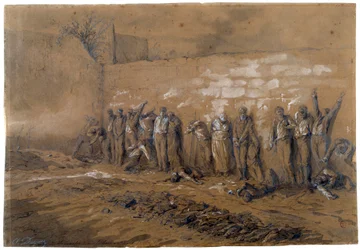 Hinrichtung von 147 Kämpfern der Kommune an der Mauer der Föderierten auf dem Père Lachaise in Paris am 28.05.1871