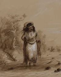 Indianermädchen mit Papoose beim Überqueren eines Baches