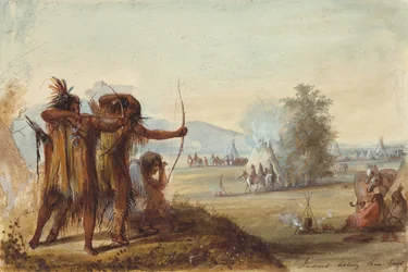 Indianer testen ihre Bögen, ca. 1858