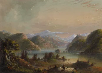 Seelandschaft mit Fluss und Berg