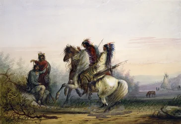 Fallensteller und Indianer kommunizieren mit Zeichen