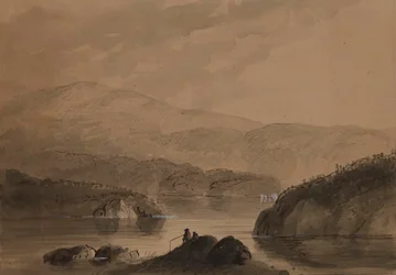 Ansicht von Männern, die von einem Felsen in einem See angeln