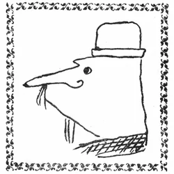 Porträt von Monsieur Ubu von Alfred Jarry. Zeichnung mit Feder in einem typografischen Rahmen von dreiblättrigen Strängen - Princeps-Ausgabe von Ubu Roi, Mercure de France, Juni 1896.