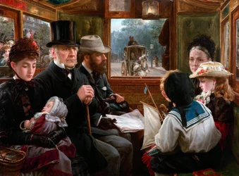 Eine Omnibusfahrt zum Piccadilly Circus, Mr. Gladstone reist mit gewöhnlichen Passagieren, 1885