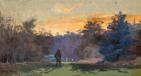 Jäger in Sonnenuntergangslandschaft