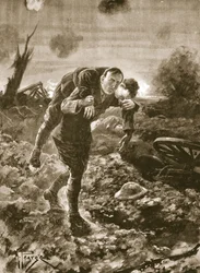 Vorübergehender Leutnant G. St. G. S. Cather bringt einen verwundeten Mann in voller Sicht des Feindes und unter Maschinengewehr- und Artilleriefeuer