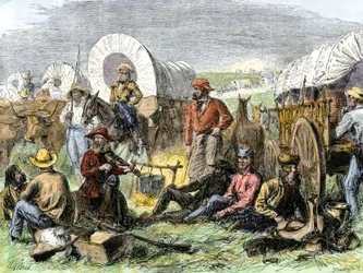 Geschichte des Westens Eroberungssiedler: Amerikanische Pioniere. Reisendenlager am Grab der Nacht in der Nähe von Diligences, Vereinigte Staaten. Farbenfrohe Gravur des 19. Jahrhunderts.