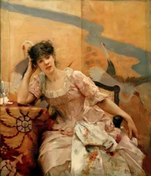 A. Stevens, Junge Frau und japanischer Wandschirm