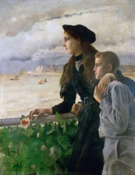 Bruder und Schwester vor dem Meer in Honfleur