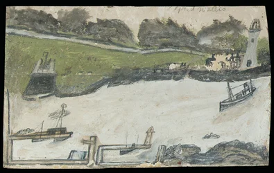 Hafenszene mit Schloss und Leuchtturm
