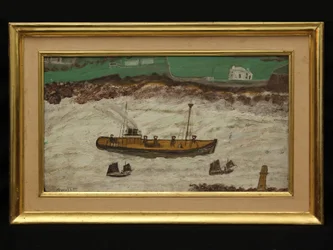 Drei Boote zwischen Leuchtturm und Küste, ca. 1930