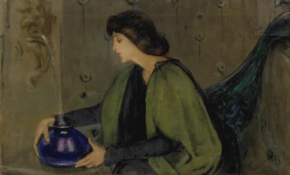 Frau und Pfau, ca. 1900.