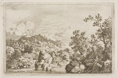 Fluss zwischen Felsen und Holzhütten